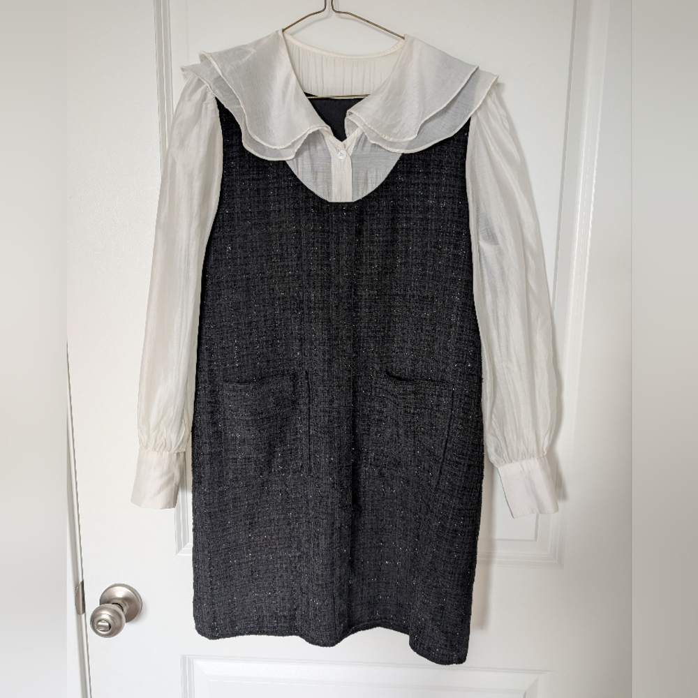 Sioshre Tweed Shift Dress with Ruffled Layered Collar & Sleeves - Picture 2 of 9
